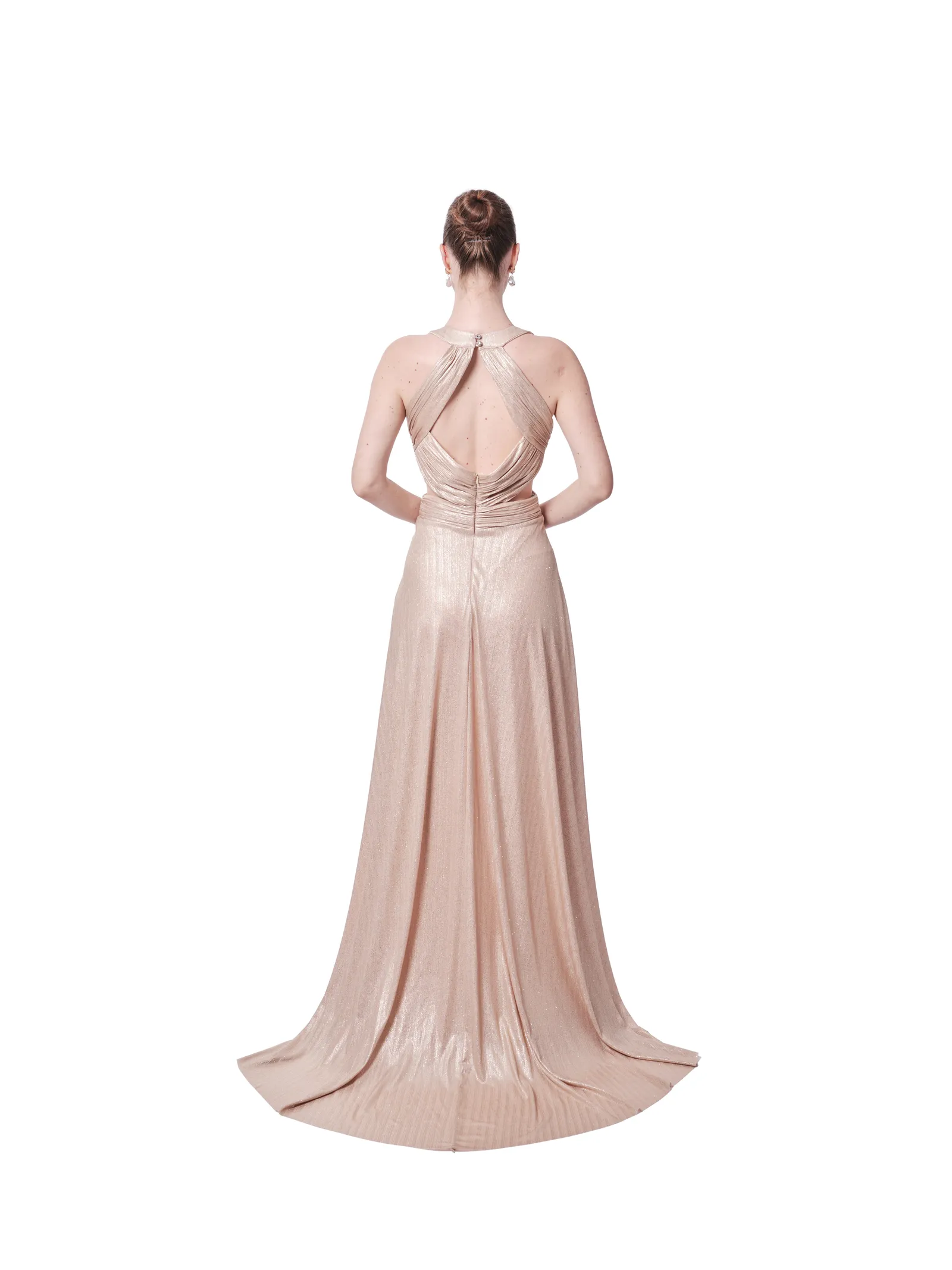 Evening gown with train V-neck side cutout design