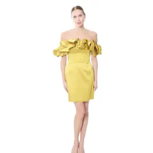 Fitted cocktail dress off shoulder satin ruffle