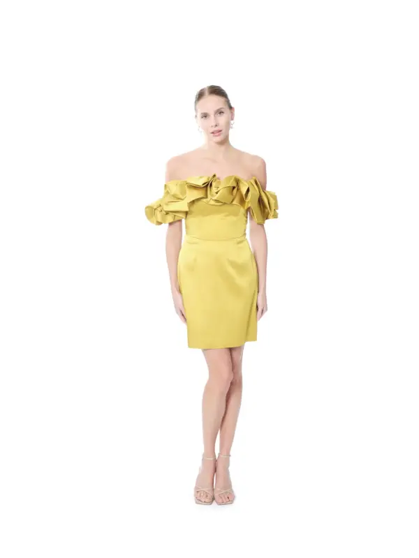 Fitted cocktail dress off shoulder satin ruffle
