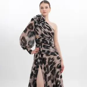 Floral One Shoulder Evening Gown Puffed Sleeve with High Slit