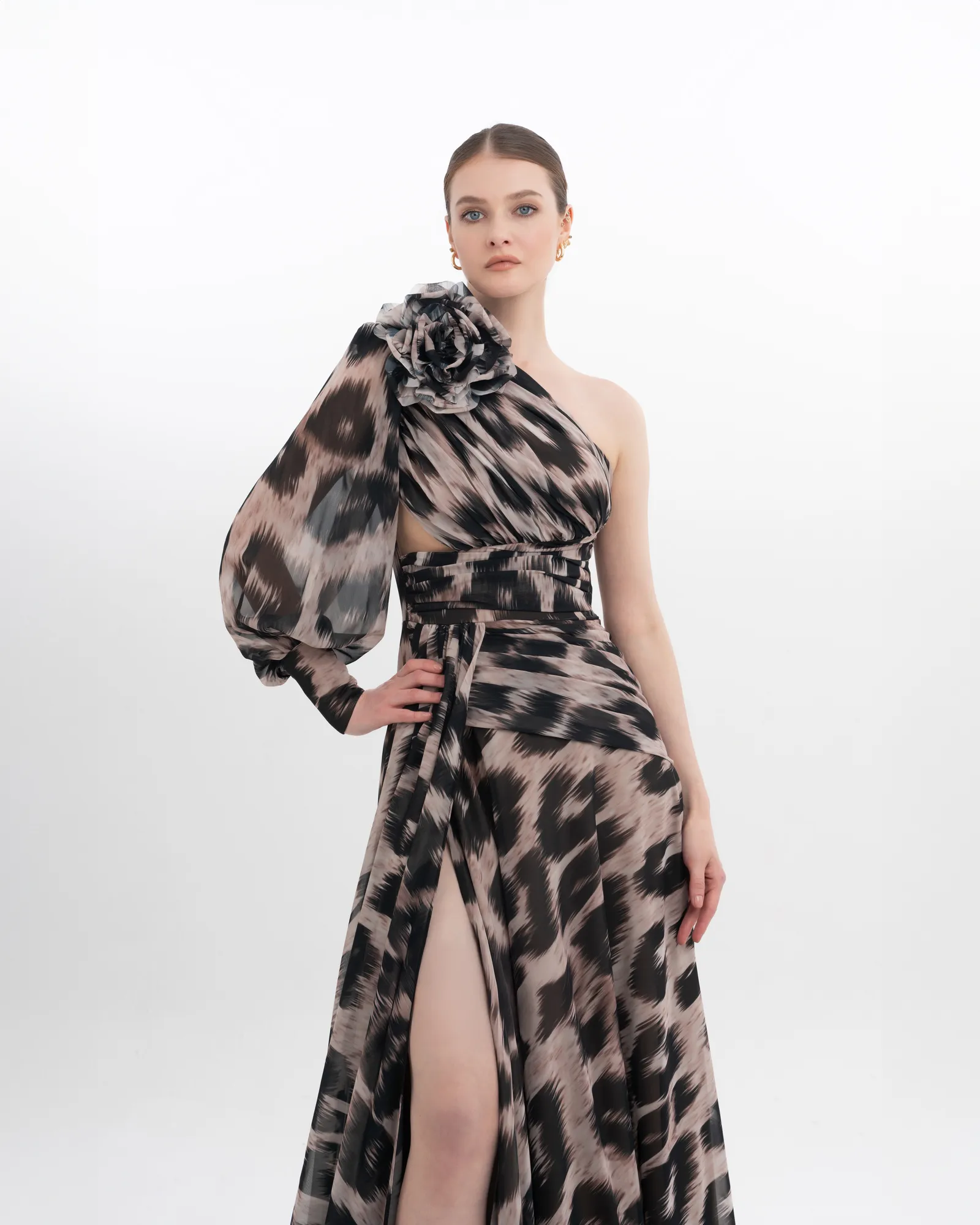 Floral One Shoulder Evening Gown Puffed Sleeve with High Slit