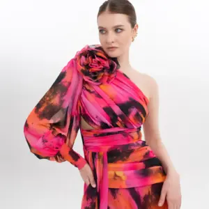 Floral One Shoulder Evening Gown Puffed Sleeve with High Slit