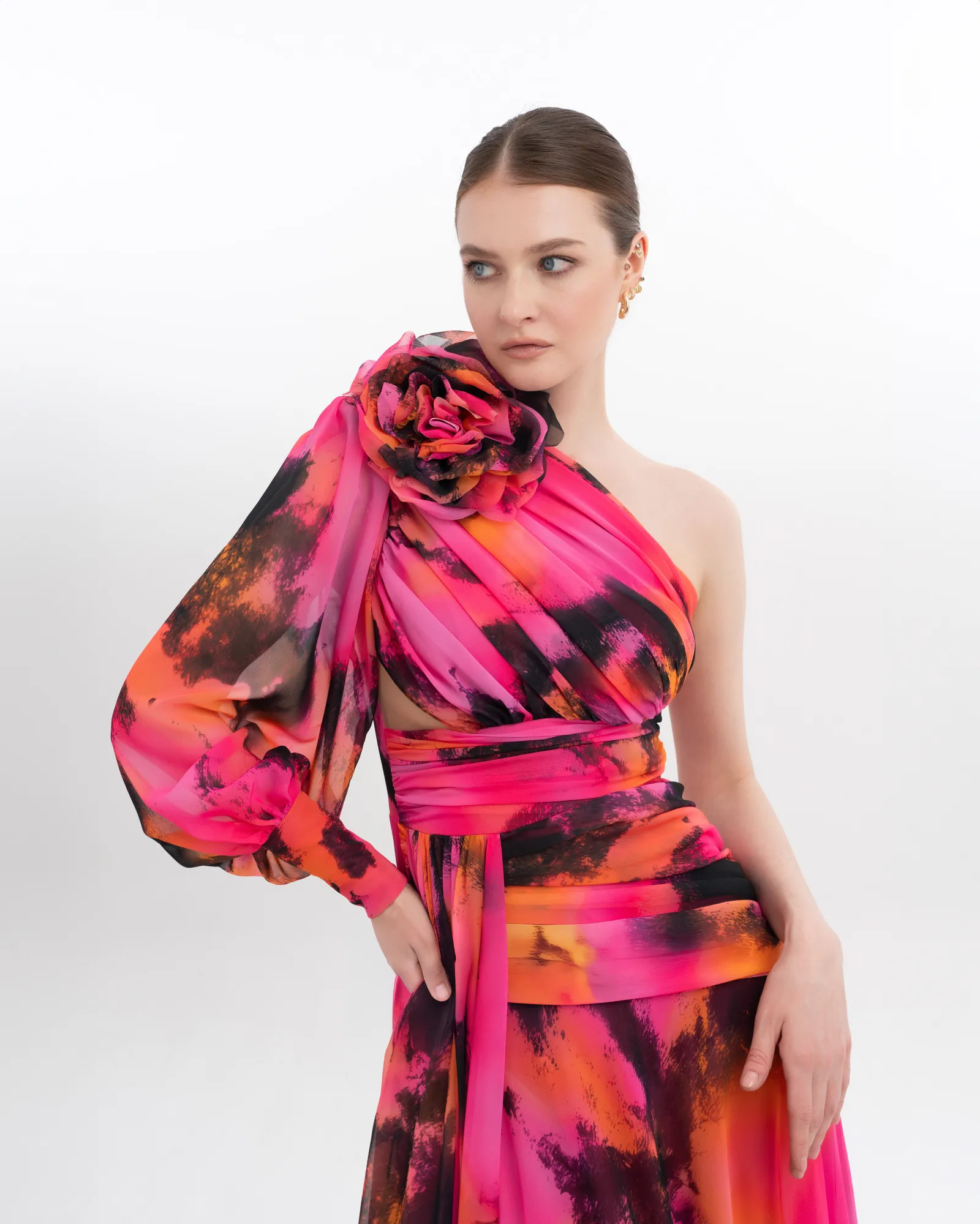 Floral One Shoulder Evening Gown Puffed Sleeve with High Slit