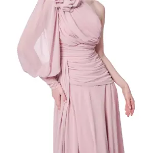 Floral One Shoulder Evening Gown Puffed Sleeve with High Slit