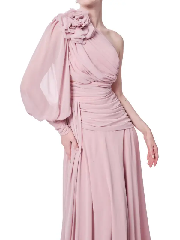 Floral One Shoulder Evening Gown Puffed Sleeve with High Slit