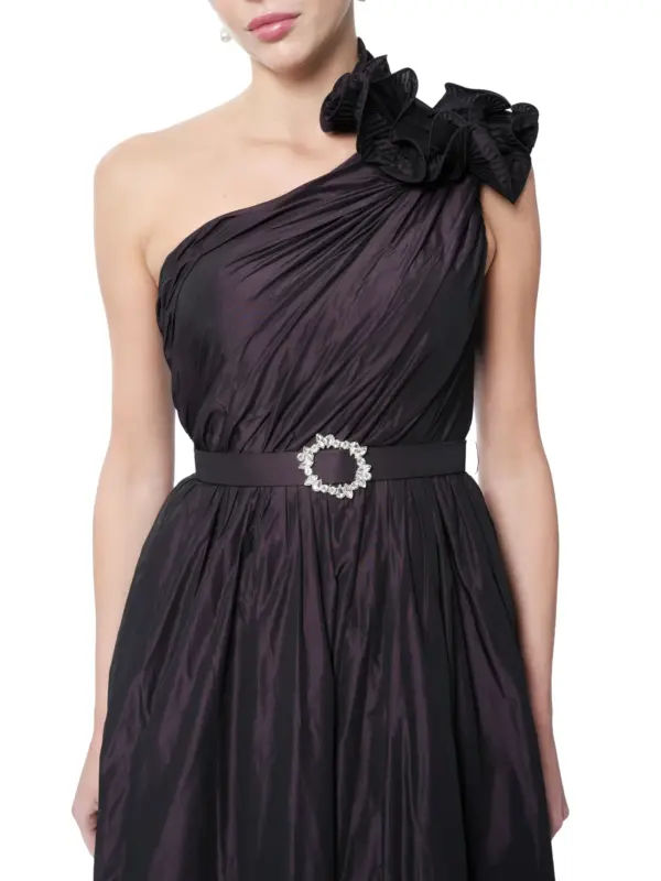 Floral evening gown one shoulder crystal slit