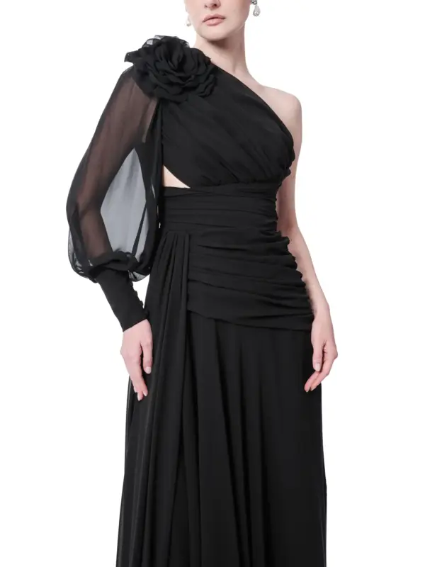 Floral One Shoulder Evening Gown Puffed Sleeve with High Slit