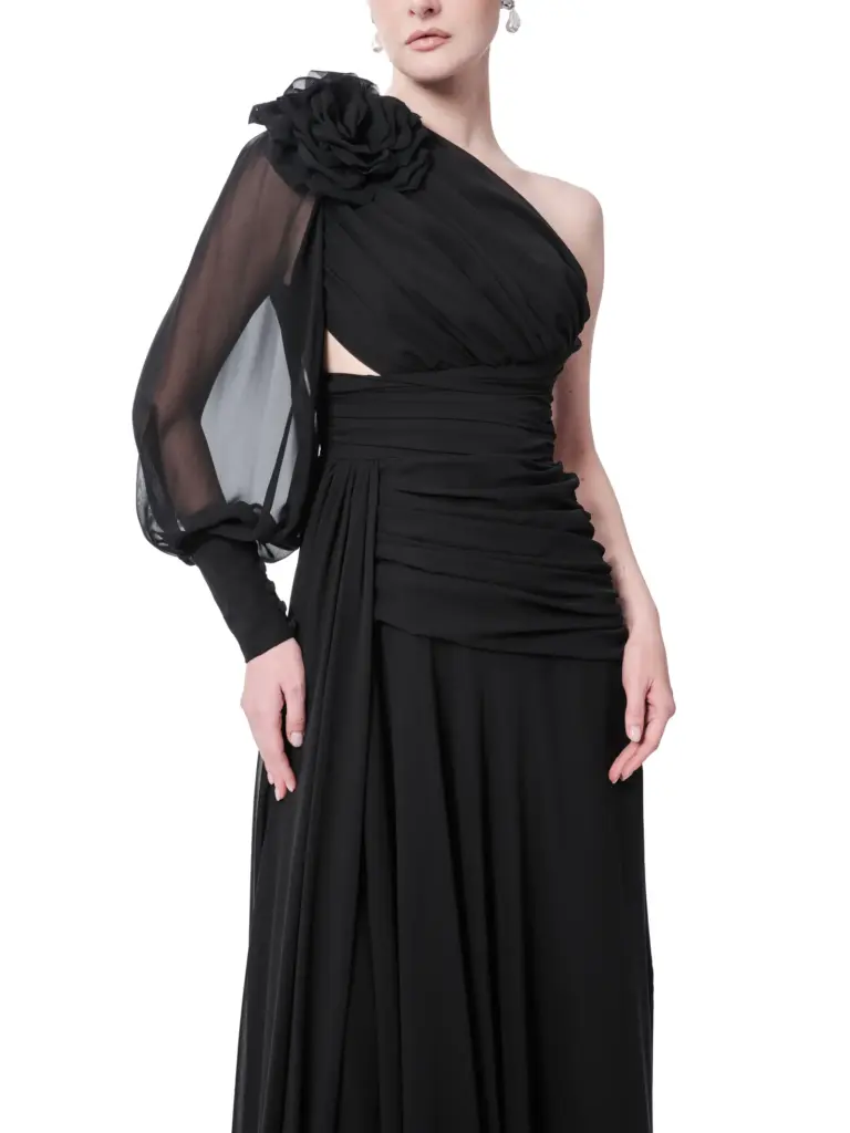 Floral One Shoulder Evening Gown Puffed Sleeve with High Slit