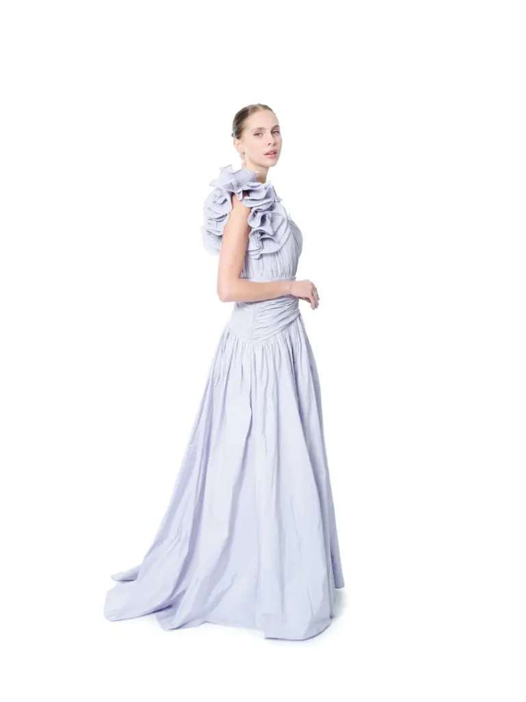 Floral evening gown one shoulder high slit