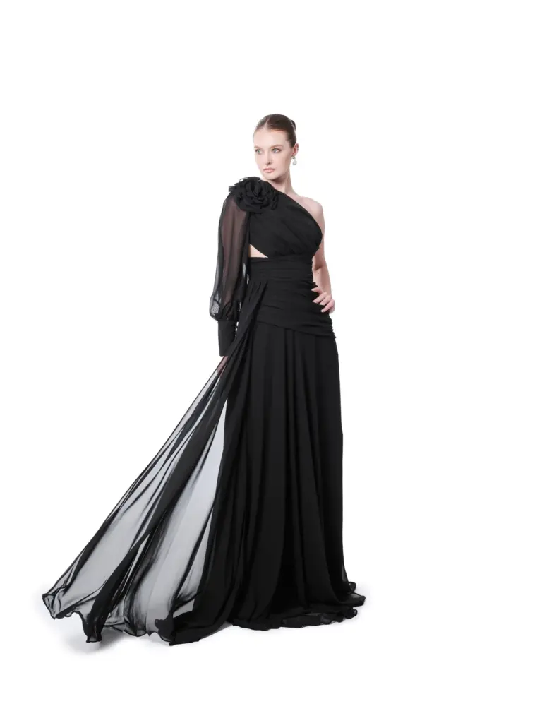 Floral One Shoulder Evening Gown Puffed Sleeve with High Slit