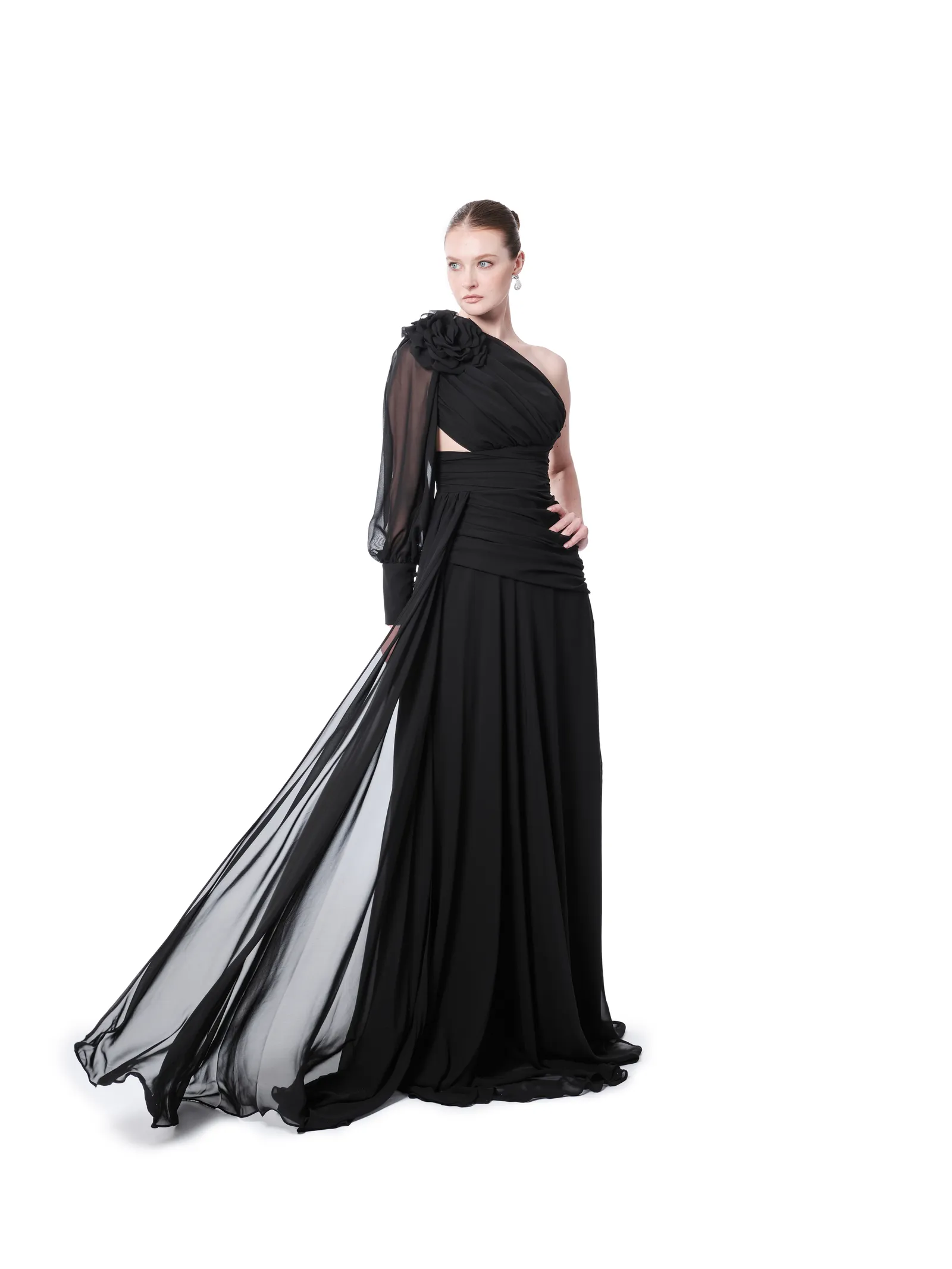 Floral One Shoulder Evening Gown Puffed Sleeve with High Slit