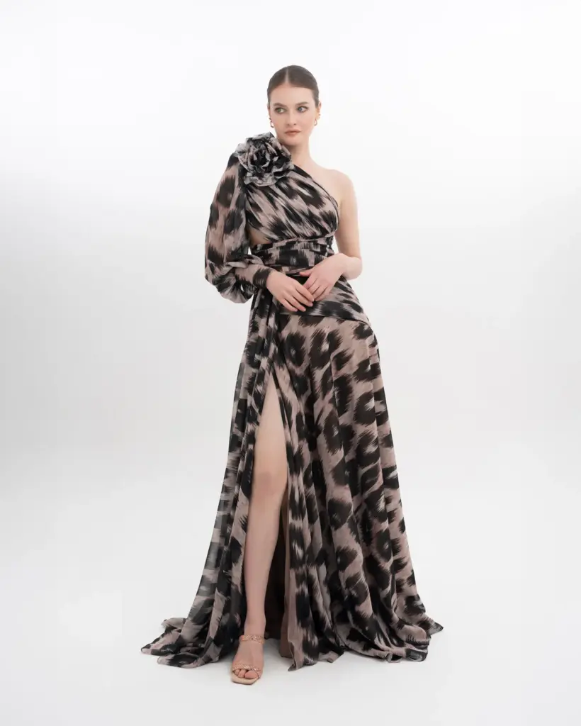Floral One Shoulder Evening Gown Puffed Sleeve with High Slit