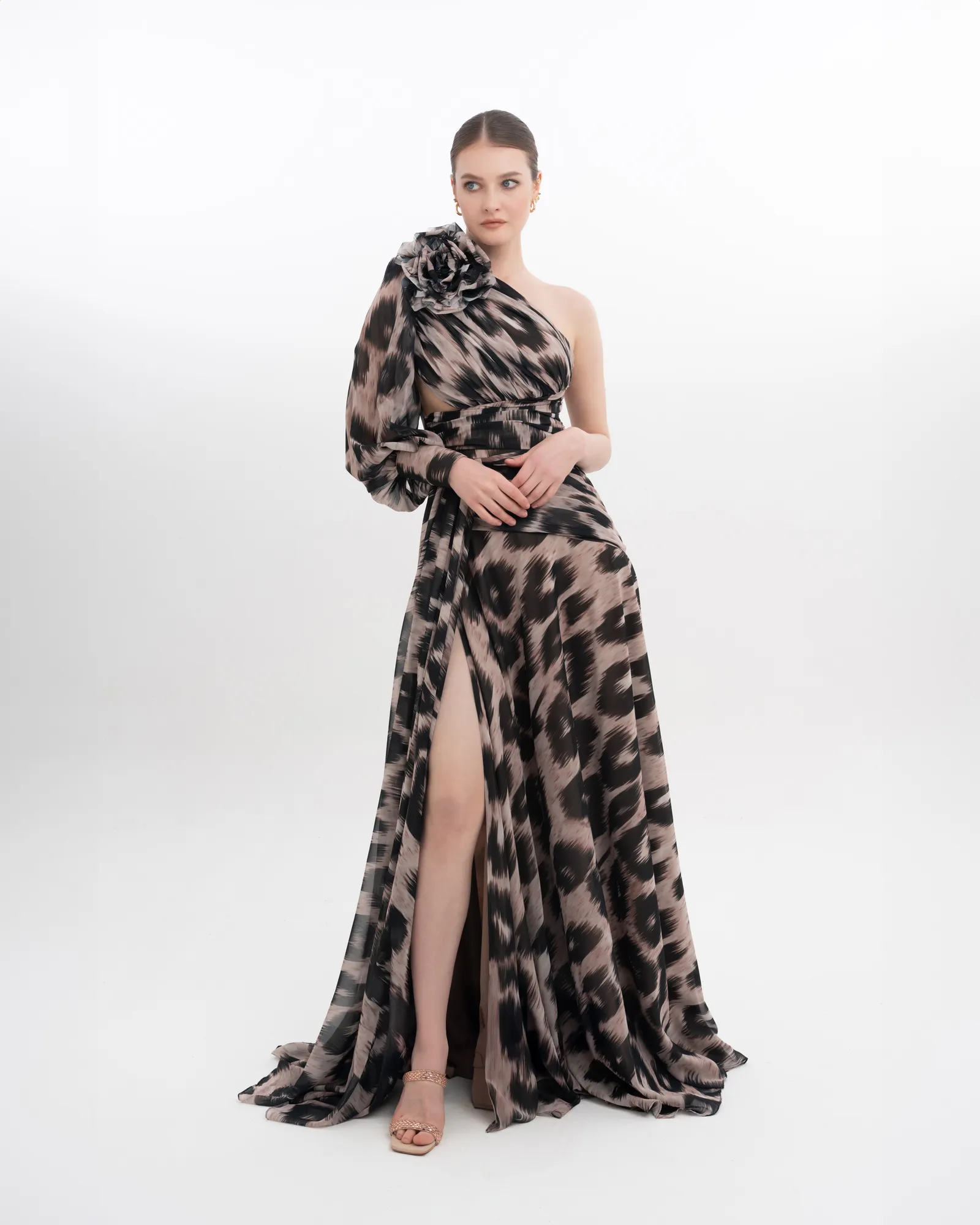 Floral One Shoulder Evening Gown Puffed Sleeve with High Slit