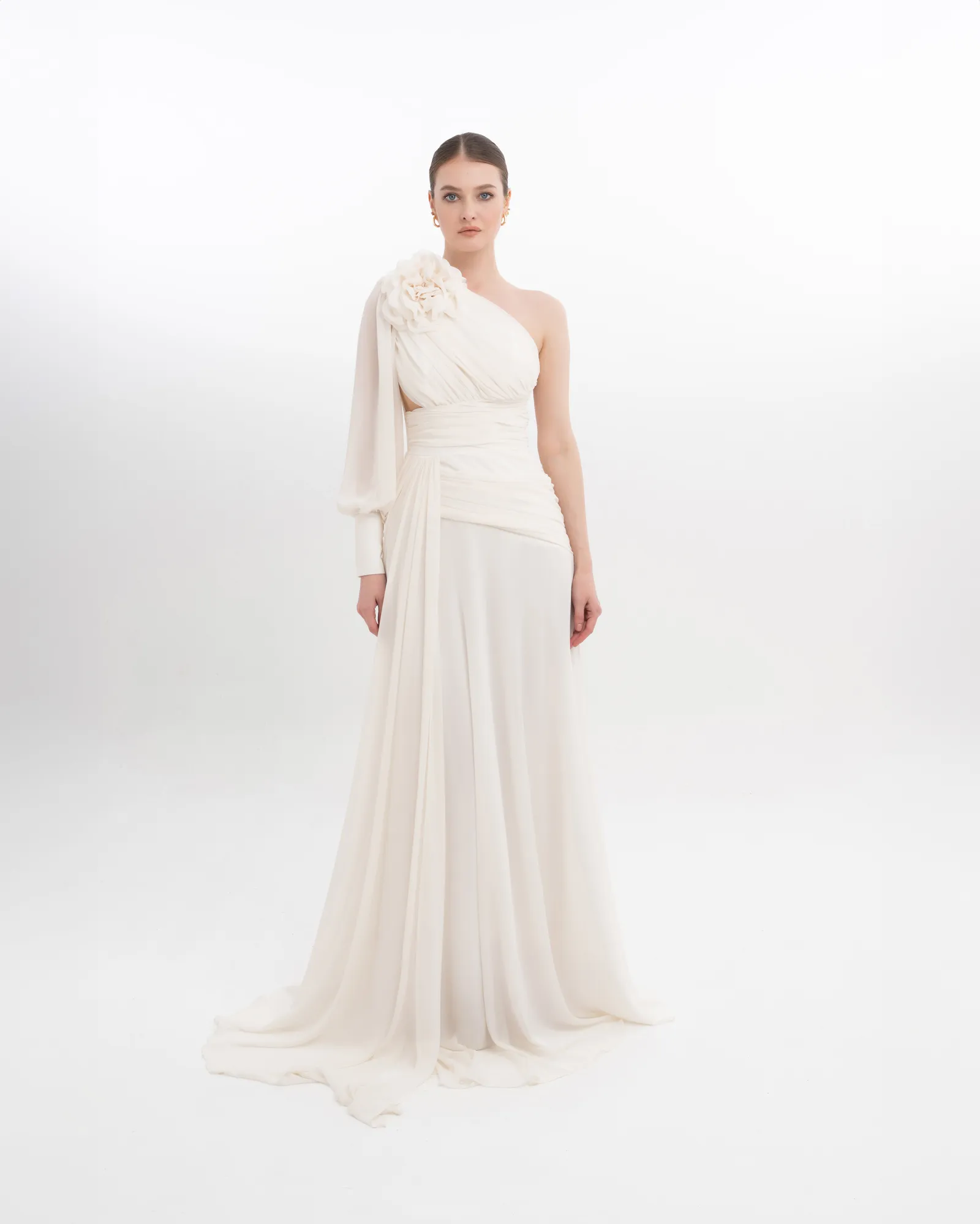 Floral One Shoulder Evening Gown Puffed Sleeve with High Slit