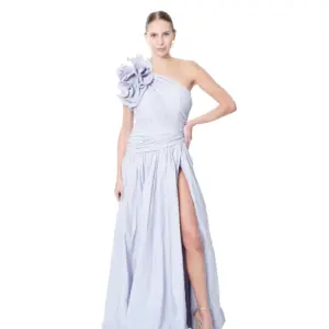 Floral one shoulder evening gown with high slit