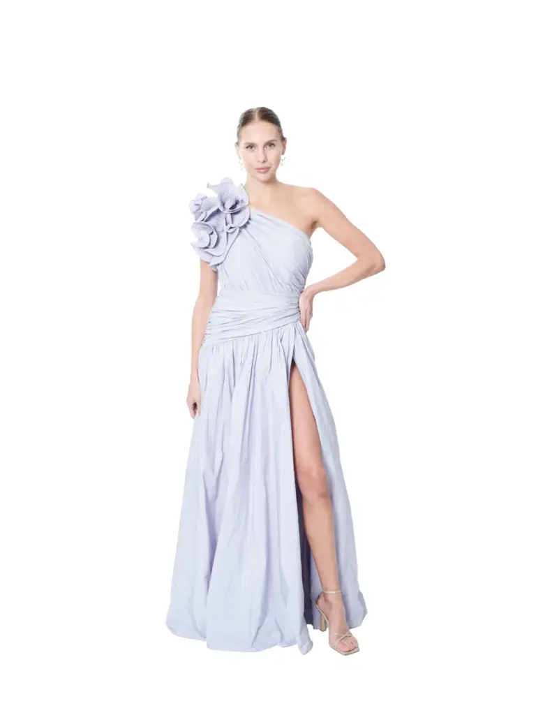 Floral one shoulder evening gown with high slit