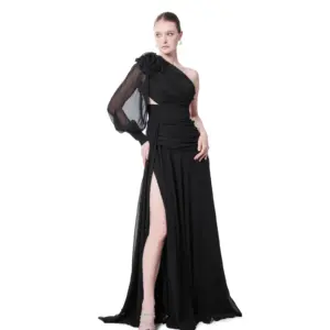 Pink one shoulder evening gown with floral detail, puffed sleeve and high slit