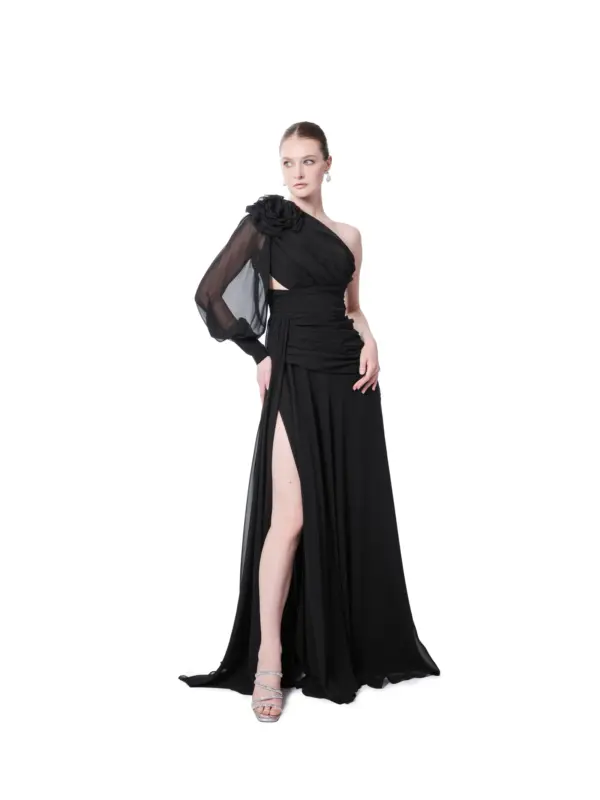 Black Floral One Shoulder Evening Gown Puff Sleeve