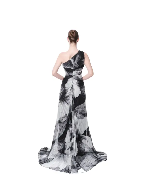 Floral Print One Shoulder Evening Gown Beaded Waist High Slit