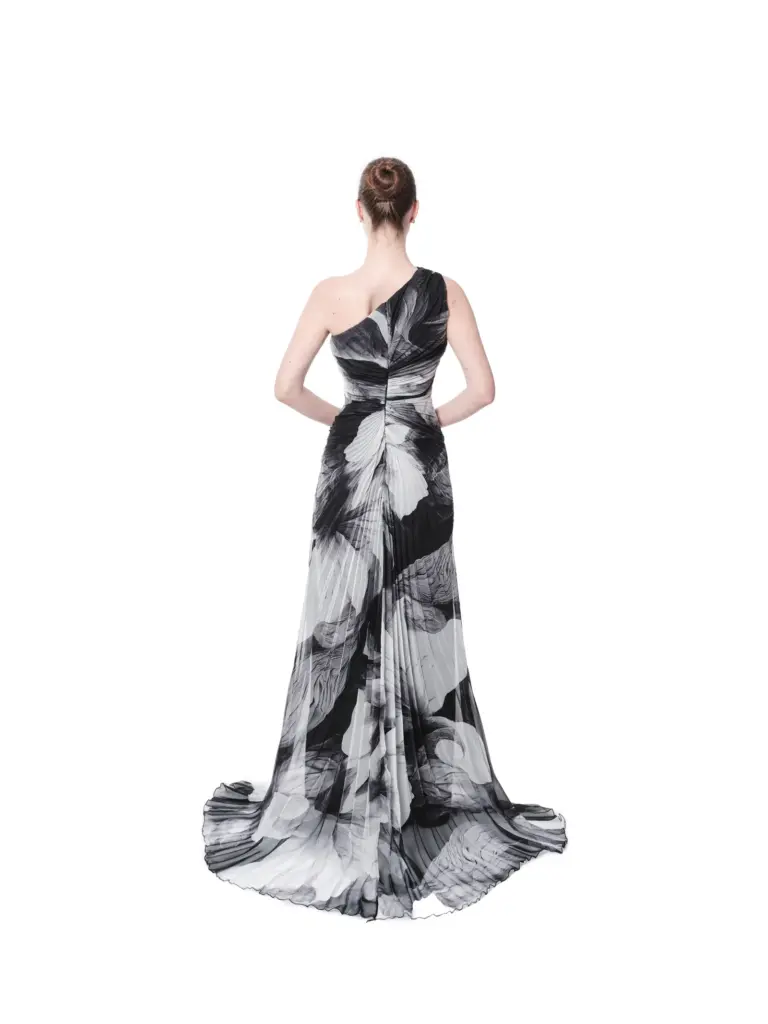 Floral Print One Shoulder Evening Gown Beaded Waist High Slit