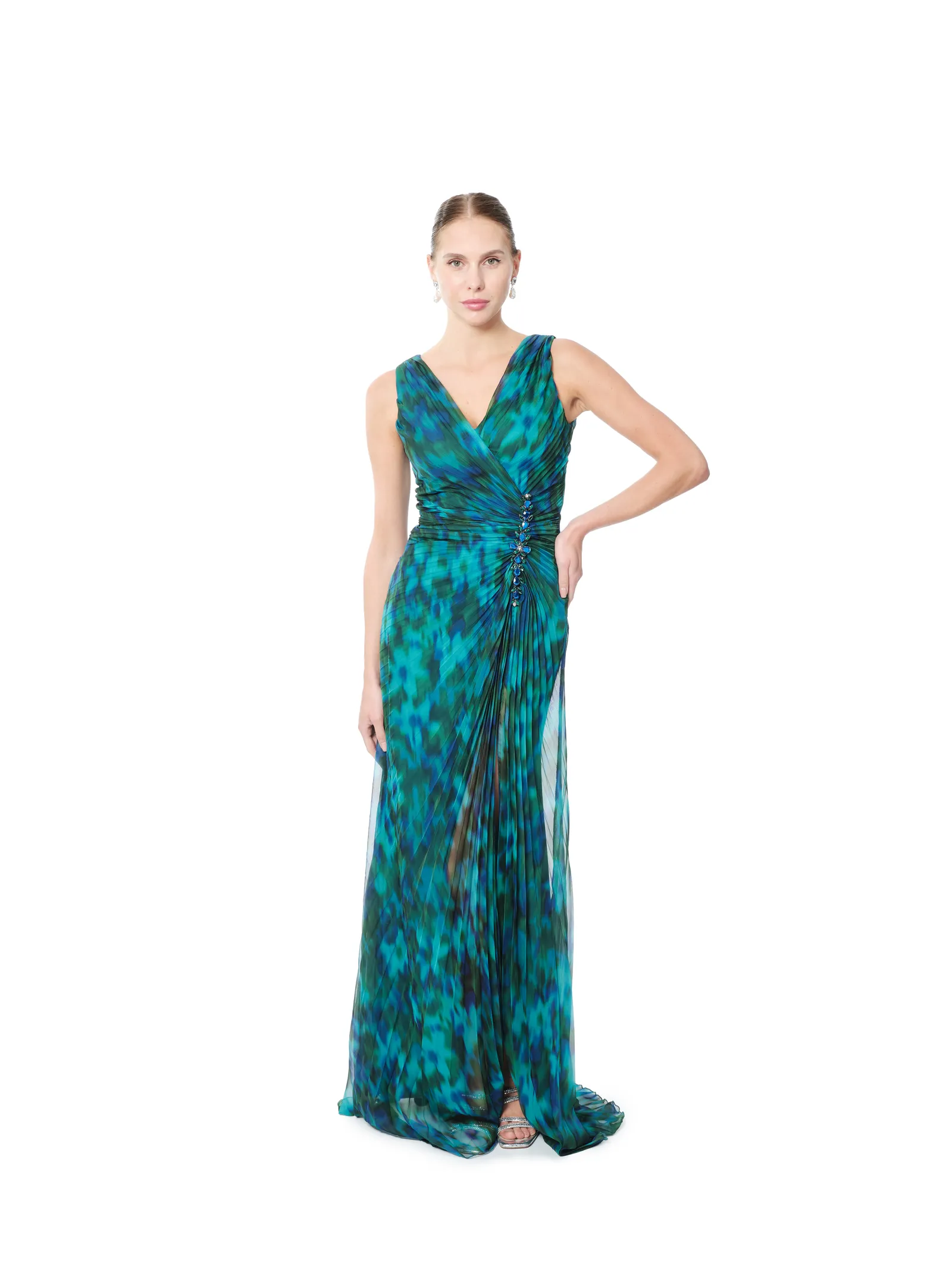 Glitter One Shoulder Long Evening Dress Pleated High Slit