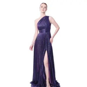 Glitter evening gown one shoulder with slit