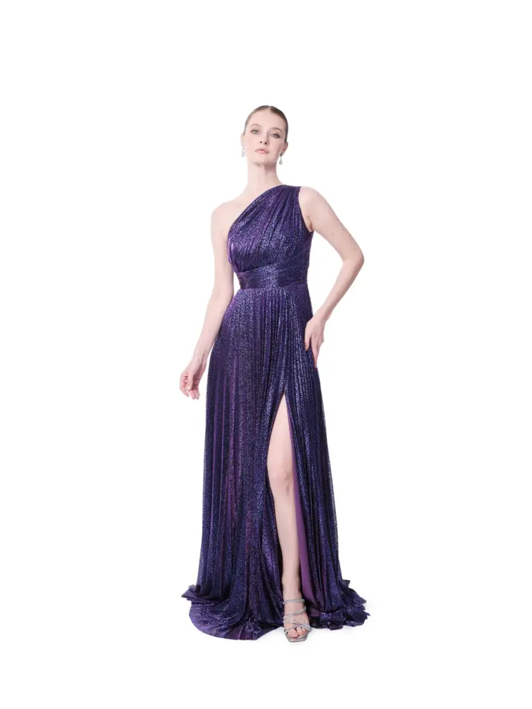 Glitter evening gown one shoulder with slit
