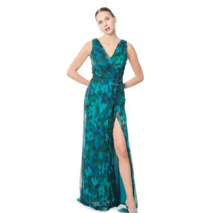 Glitter one shoulder evening dress with pleated skirt and high slit