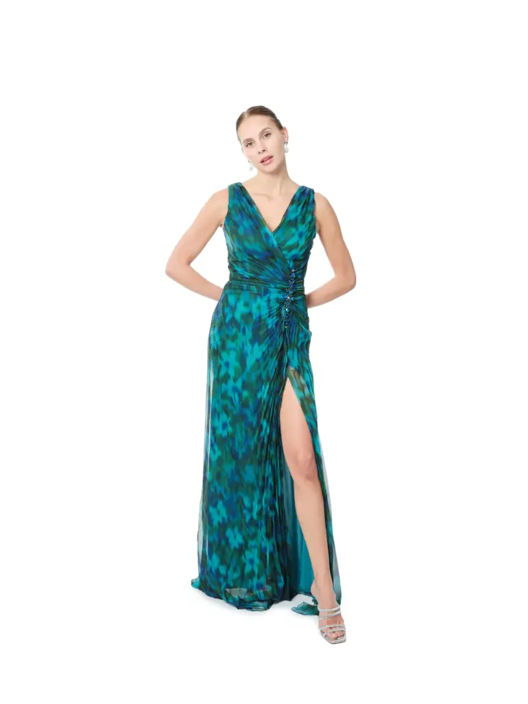 Glitter one shoulder evening dress with pleated skirt and high slit