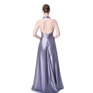 Halter neck evening gown metallic pleated