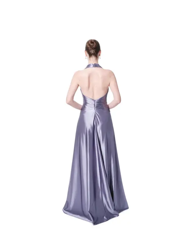 Halter neck evening gown metallic pleated