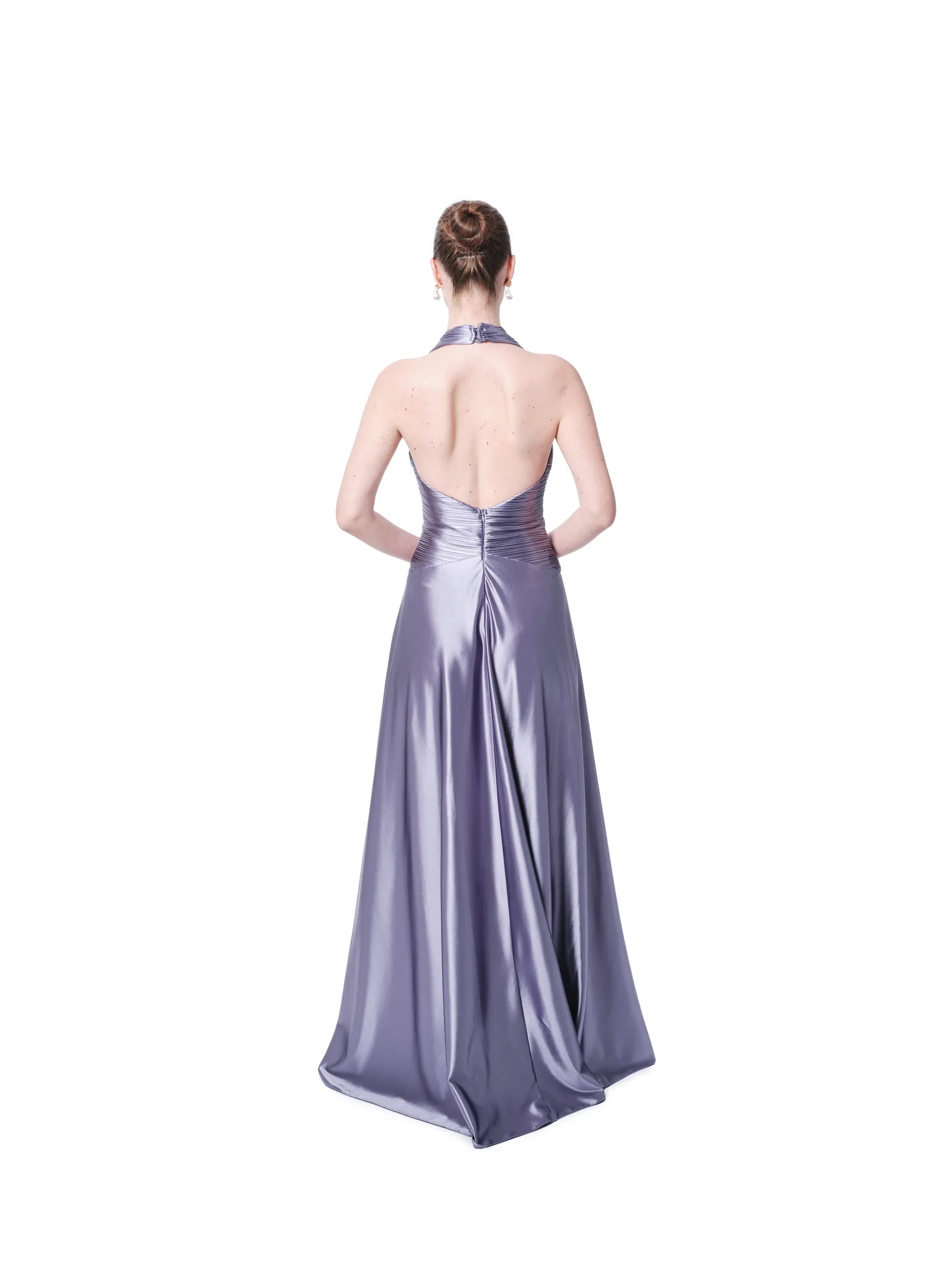 Halter neck evening gown metallic pleated
