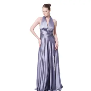 Halter neck formal dress metallic pleated