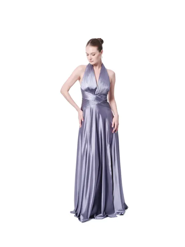 Halter neck formal dress metallic pleated