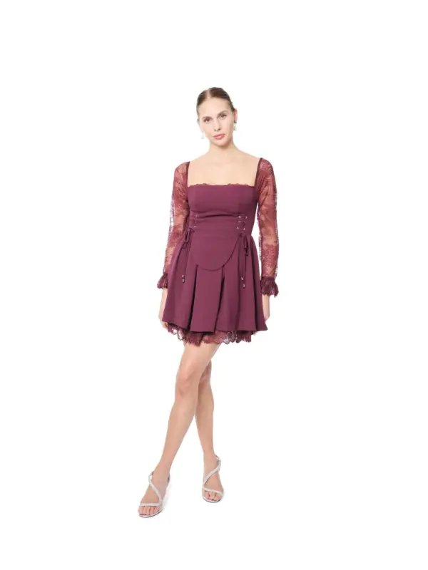 Maroon Lace Cocktail Dress Long Sleeve Square Neck