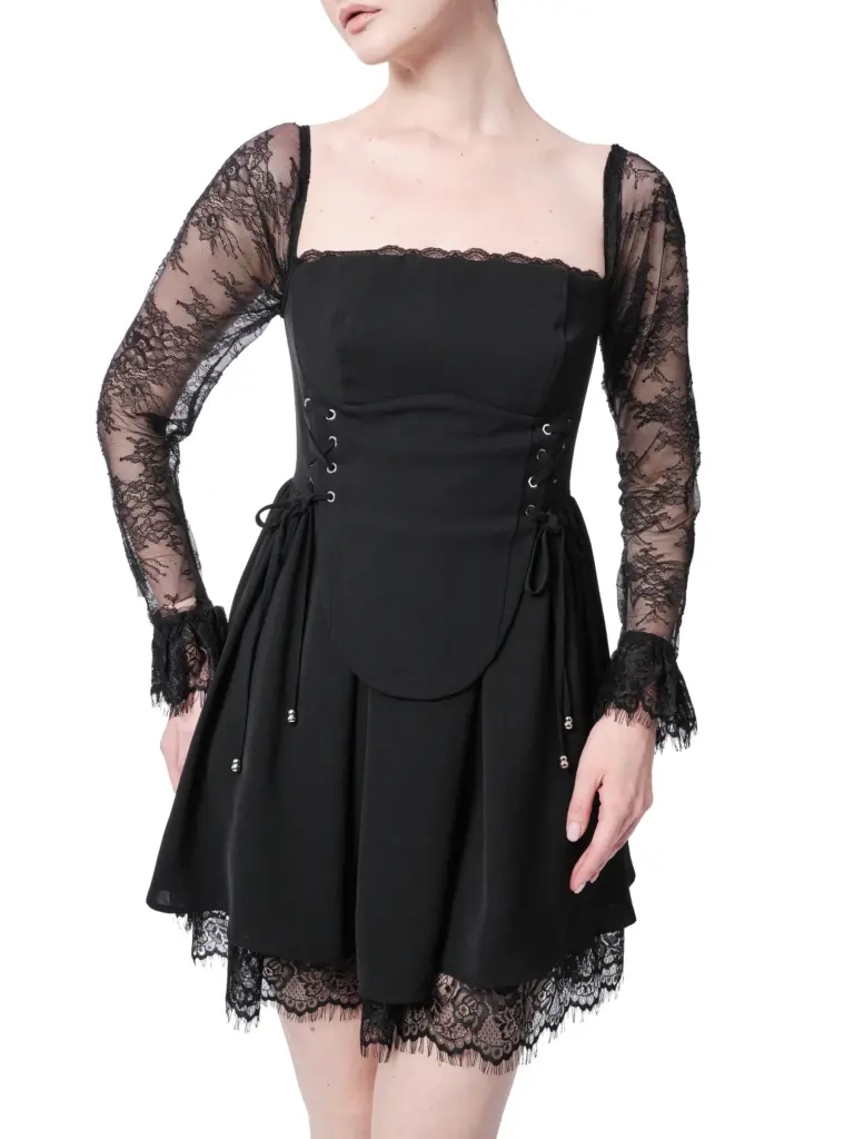 Lace evening dress long sleeve square neck pleated