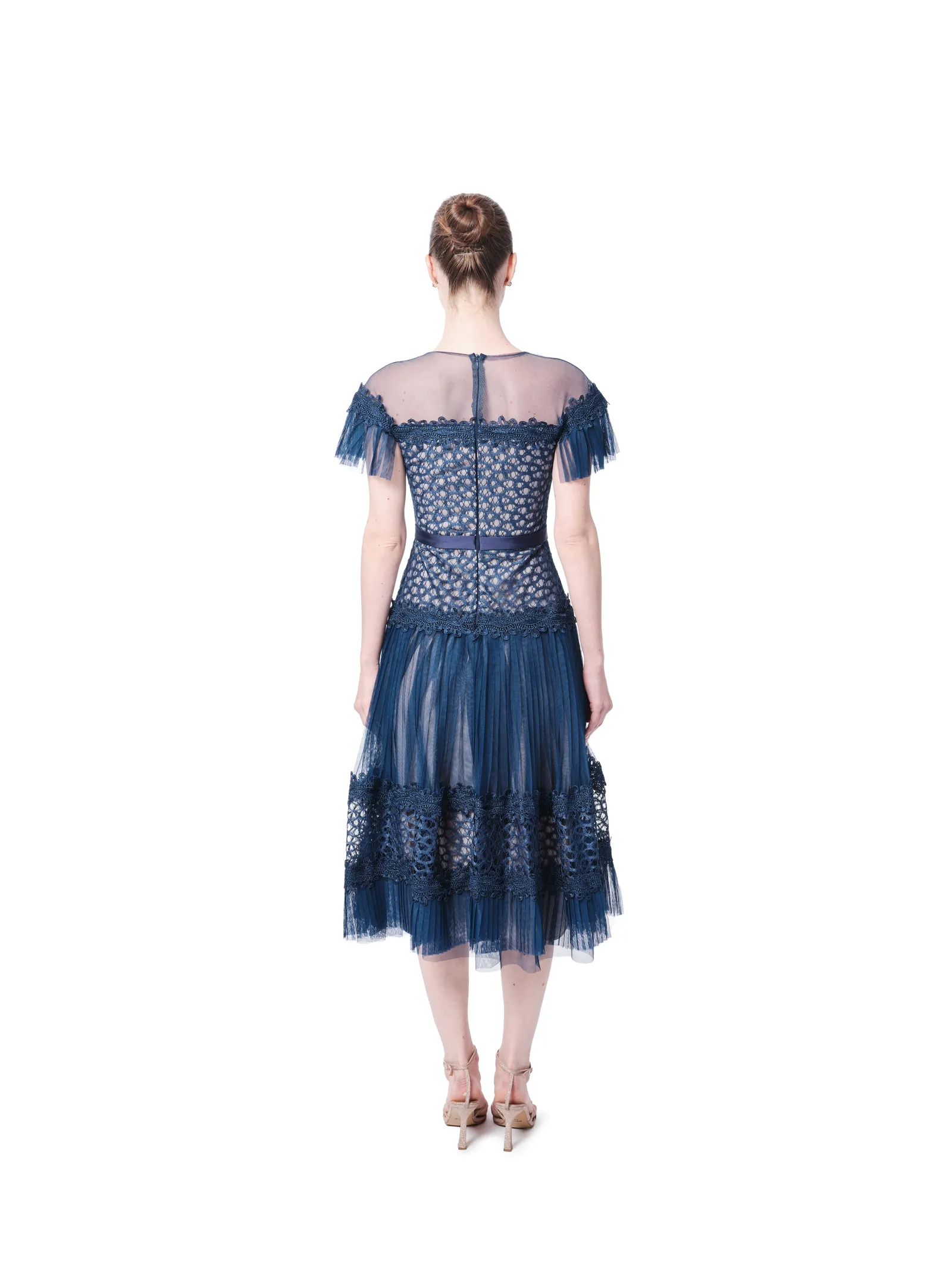 Lace midi dress off shoulder ruffle sheer