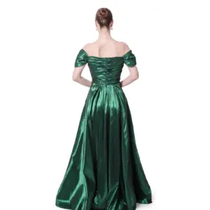 Long evening dress metallic off shoulder pleated