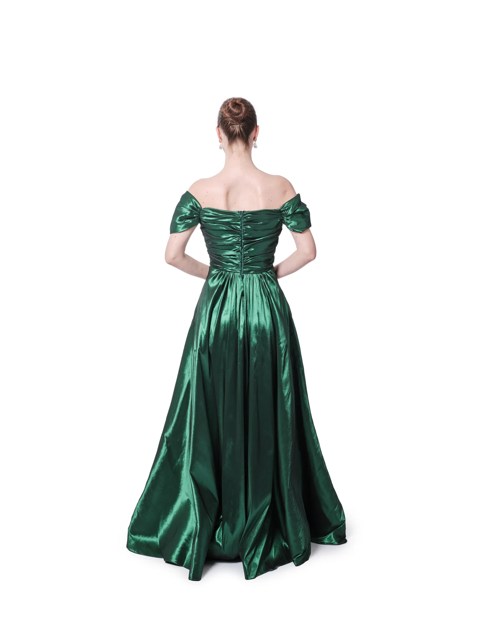 Long evening dress metallic off shoulder pleated