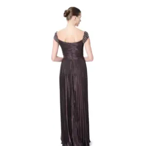 Long evening dress metallic pleated crystal detail