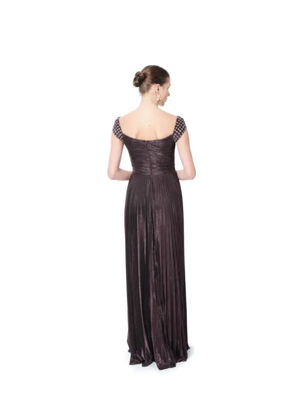 Long evening dress metallic pleated crystal detail
