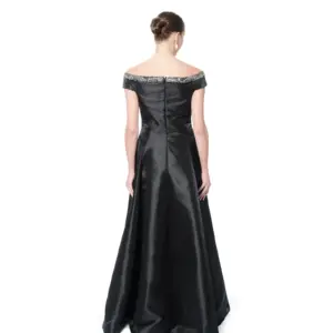 Long evening dress off shoulder satin beaded