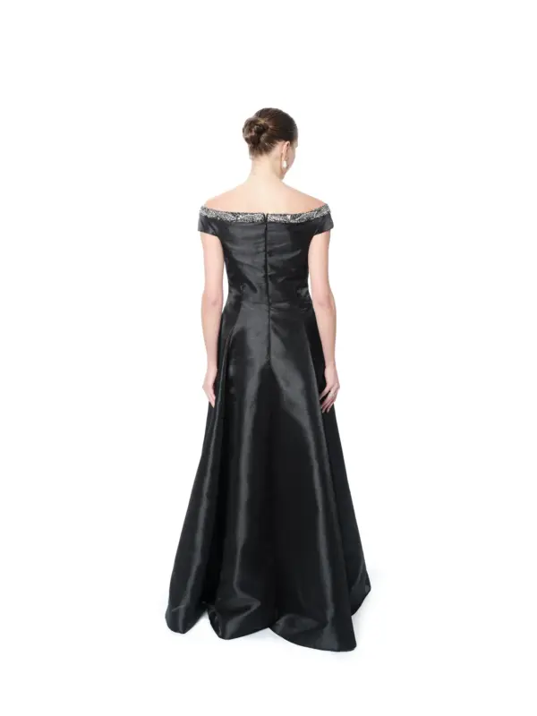 Long evening dress off shoulder satin beaded
