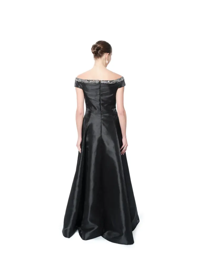 Long evening dress off shoulder satin beaded