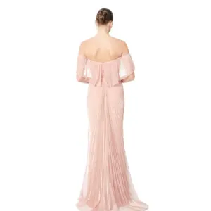 Long evening dress off shoulder sheer pleated