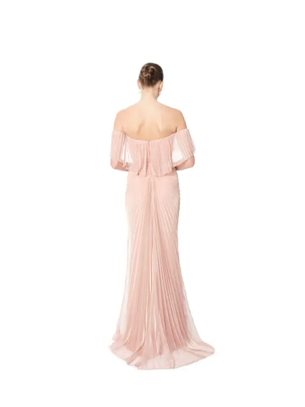 Long evening dress off shoulder sheer pleated