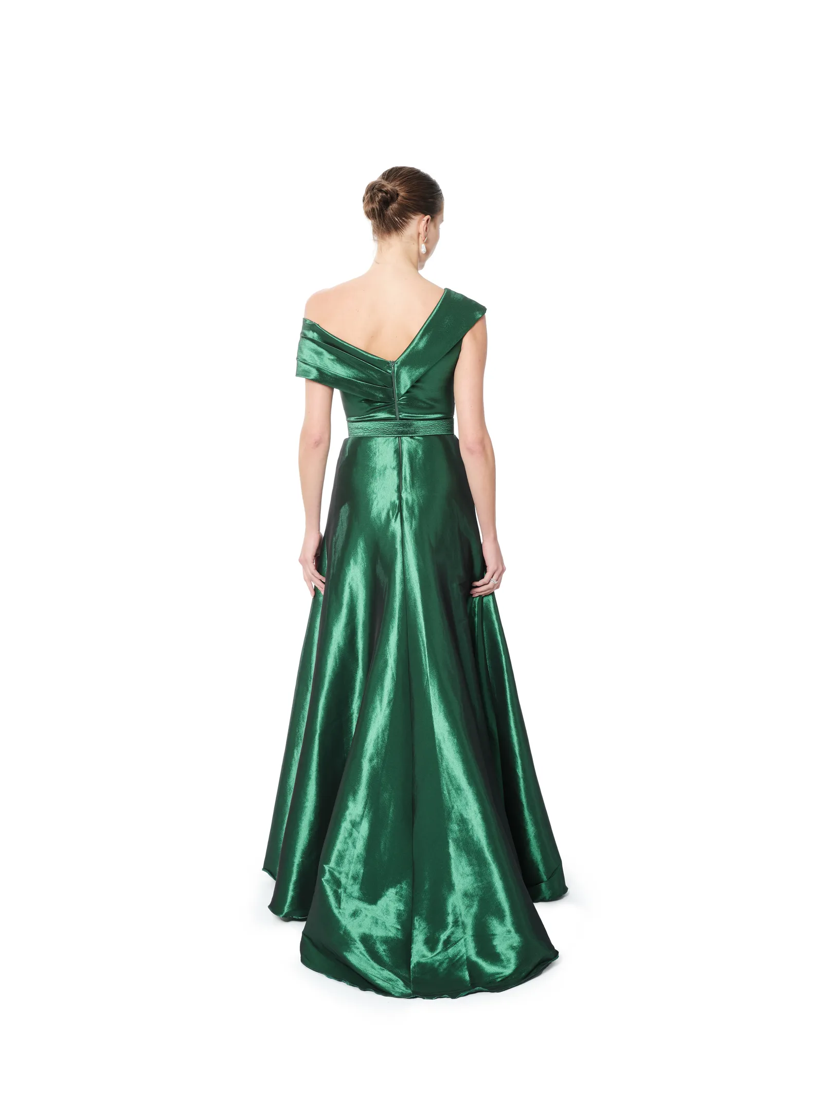 Long evening dress off shoulder wrap bodice