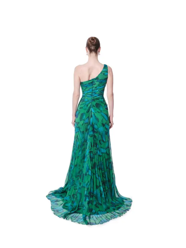 Long evening dress one shoulder abstract print