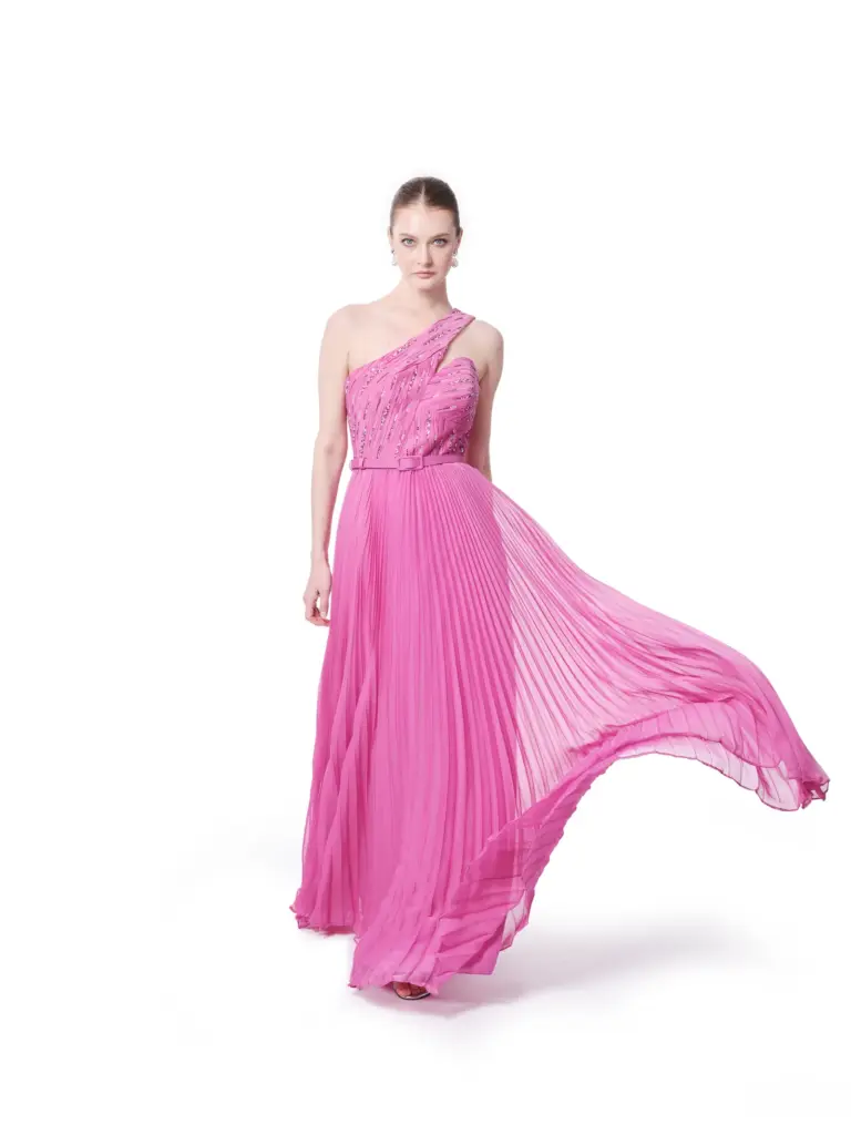 Long evening dress one shoulder pleated