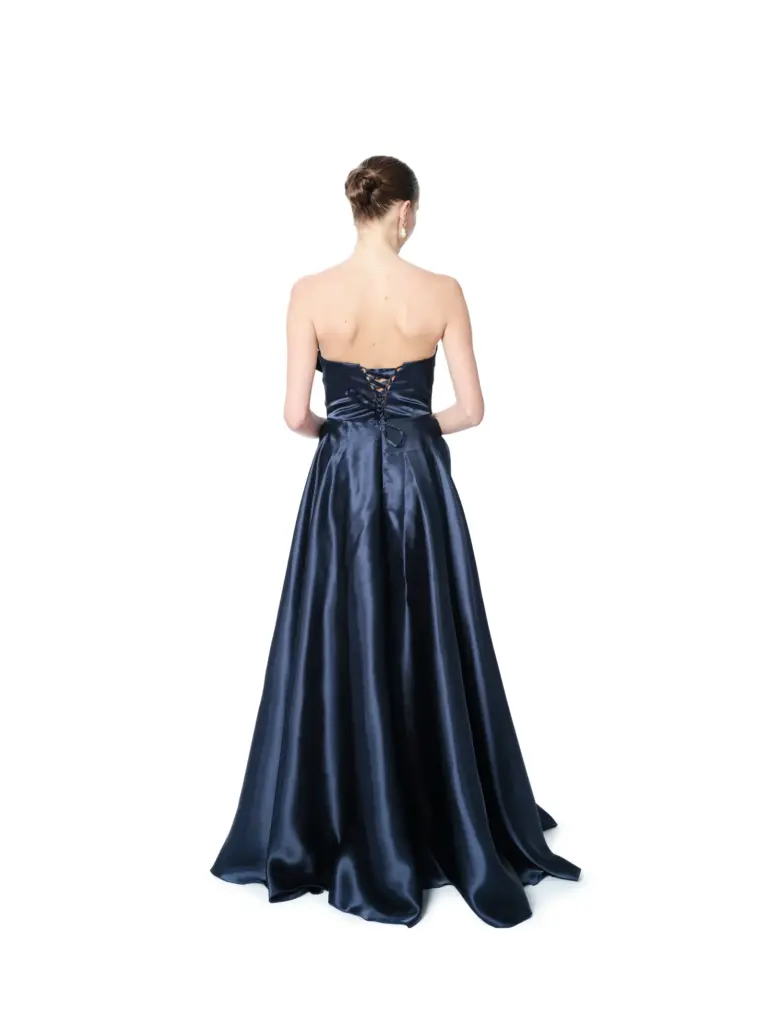 Long evening dress strapless bow high slit